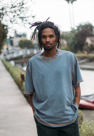 90S MINIMALIST SPORTSWEAR BLUE TOP STITCHED TEE SHIRT XL