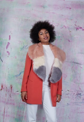 REWORKED CORAL VINTAGE BLAZER WITH A FAUX FUR COLLAR