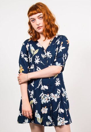 VINTAGE 90'S NAVY BLUE FLORAL PRINT DRESS