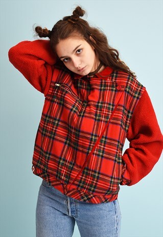 80'S RETRO TARTAN PRINT FLEECE BOMBER JACKET