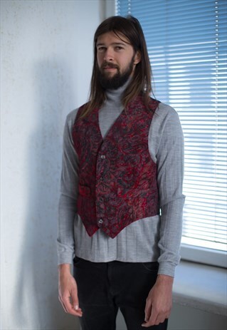 VINTAGE 80'S RED VELVET PATTERNED VEST