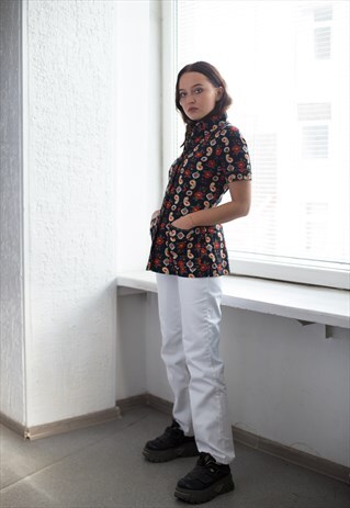 VINTAGE 70'S BLACK PAISLEY PRINT SHORT SLEEVED TOP