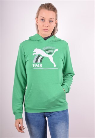 PUMA WOMENS VINTAGE HOODIE JUMPER MEDIUM GREEN 90S