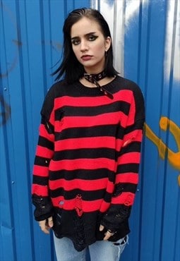 Horizontal stripe ripped sweater grunge punk top red black