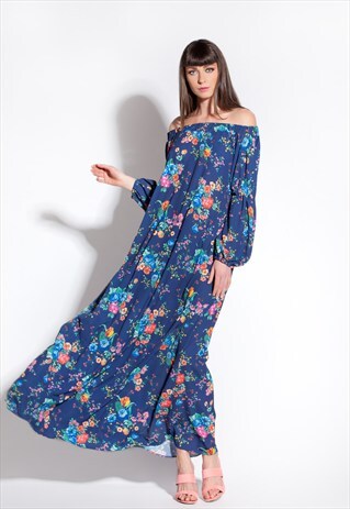 BLUE MAXI DRESS/ FLORAL MAXI DRESS/ OFF THE SHOULDERS DRESS/