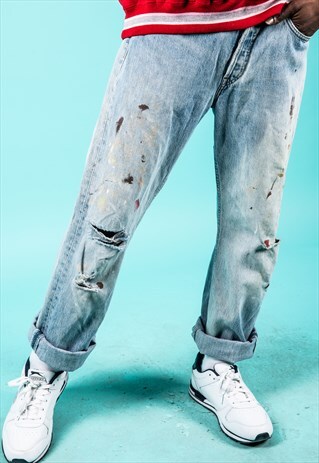 VINTAGE LEVI'S 501 JEANS IN BLUE DENIM WITH RIPS PAINT MARKS