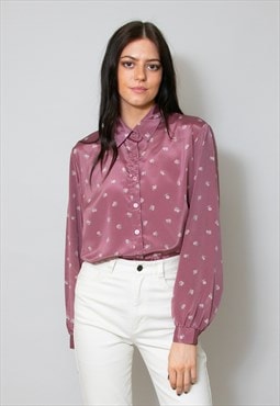 80's Pink Floral Daisy Print Long Sleeve Blouse Ladies
