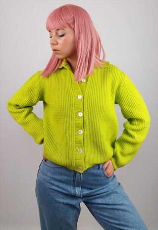 VINTAGE 80'S CHUNKY CROP CARDIGAN IN CHARTREUSE GREEN