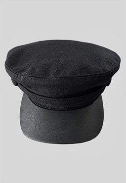 New Vintage Style Black Wool Faux Leather Fiddler Hat L
