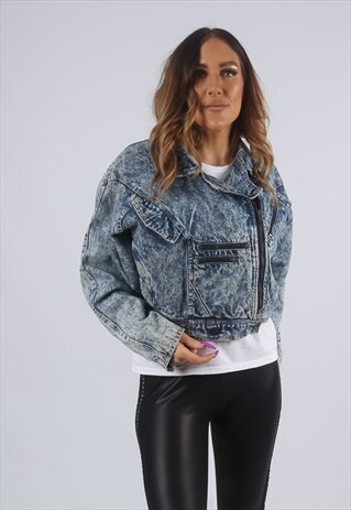 VINTAGE DENIM JACKET OVERSIZED CROPPED ACID WASH UK 14 (9K4D