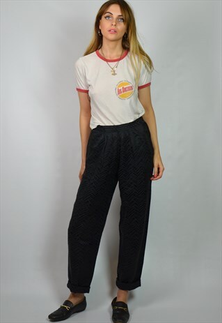 VINTAGE 90S BLACK JACQUARD HIGH RISE TAPERED MENSY TROUSERS