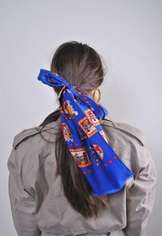 VINTAGE BLUE SCARF, CUTE ANIMALS PRINT WOMEN WRAP