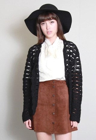 VINTAGE 1970'S BLACK CROCHET CARDIGAN