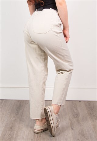 VINTAGE 90'S BEIGE HIGH WAIST FRAYED RAW HEM JEANS