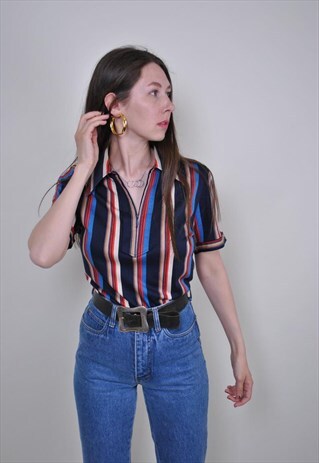 90S STRIPED BLOUSE, VINTAGE MULTICOLOR HOLIDAYS DISCO SHIRT
