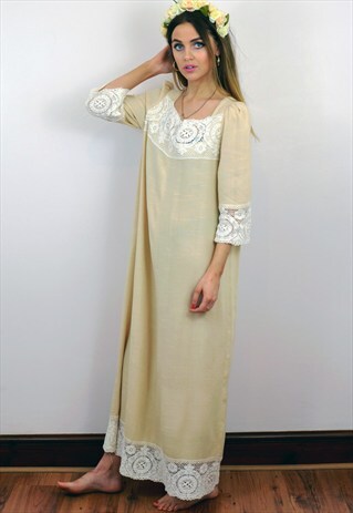 VINTAGE 1970S CREAM LINEN AND LACE BOHO WEDDING DRESS