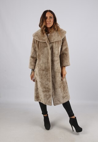 VINTAGE FAUX FUR COAT JACKET MID LONG UK L 14 (J3I)