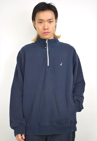 VINTAGE 90S NAUTICA NAVY 3/4 ZIP KANGAROO POCKET SWEATSHIRT