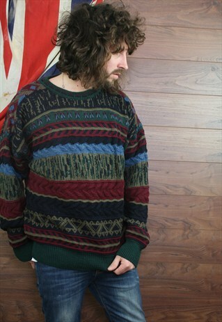 VINTAGE ICELANDIC COSBY PATTERNED KNIT JUMPER ,XL,
