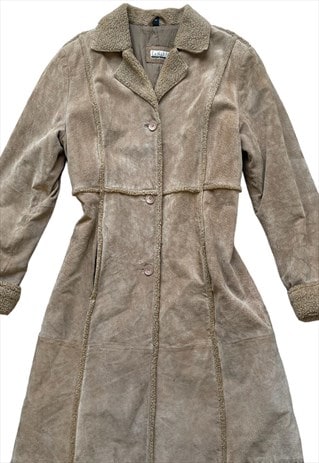 VINTAGE Y2K SUEDE COAT LONG SHEEPSKIN FLEECE CREAM