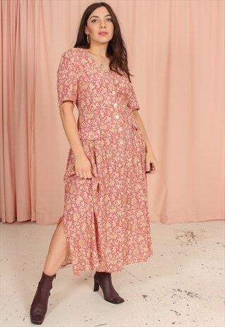 VINTAGE 80S TEA DRESS IN PINK FLORAL PRINT