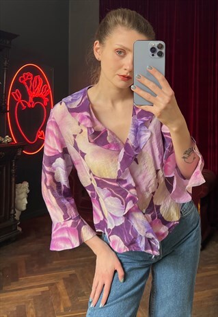 FLORAL BUTTON UP CHIFFON BLOUSE WITH RUFFLES AND BELL SLEEVE
