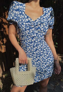 Blue Floral Ruched Y2K Picnic Mini Dress
