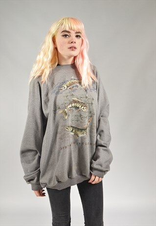 VINTAGE CHARCOAL GREY FISH BEACH LIGHTHOUSE SWEATER