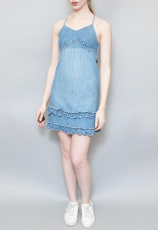 VINTAGE 1990'S LIGHT WASH BLUE COTTON RUFFLE