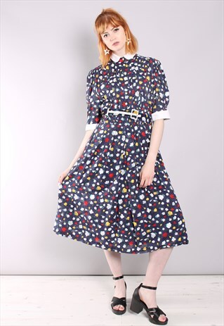 VINTAGE 60S FLORAL PLEAT BELTED MIDI TEA DRESS