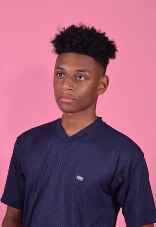 VERSACE CLASSIC NAVY V-NECK RIBBED TEE