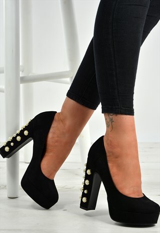 BLACK SUEDE PEARL BLOCK HEEL PLATFORMS COURT PUMPS SHOES