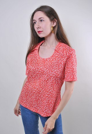 VINTAGE WOMEN NATURE PRINT RED SUMMER HOLIDAY BLOUSE