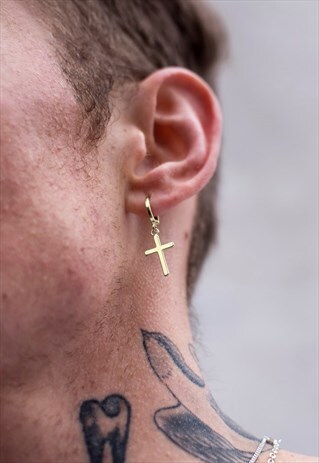 HOOP HANGING CROSS CRUCIFIX GOLD PLATED EARRING