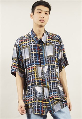 VINTAGE 80'S ABSTRACT CHECK PRINT SHORT-SLEEVED SHIRT