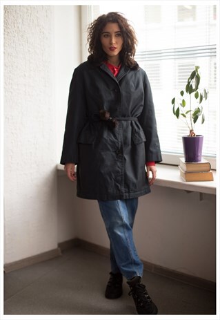 VINTAGE 80'S NAVY FAUX FUR COLLAR BELTED COAT