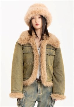 Faux fur lines denim jacket cropped jean bomber green brown