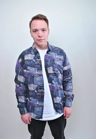 80S ACID PRINT SHIRT, FESTIVAL BUTTON DOWN, 1980S VINTAGE