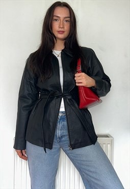 Black Leather Vintage Belted Bomber Jacket