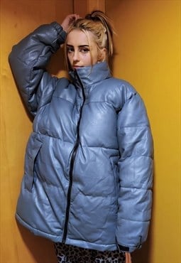 PU leather quilted bomber rubber padded puffer jacket blue 