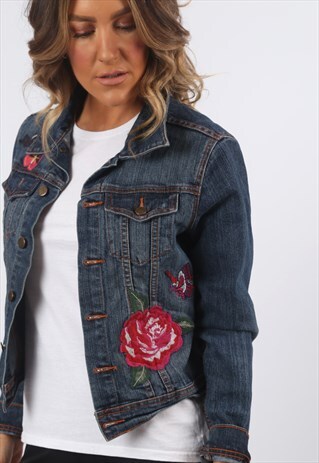 DENIM EMBROIDERED JACKET FITTED VINTAGE UK 10 - 12 (JHBC)