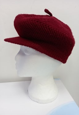 Baker Boy Hat Berry Red Knitted Flat Rim 