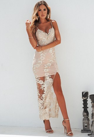 GOLD LACE EMBROIDERED MAXI DRESS WITH SIDE SPLIT