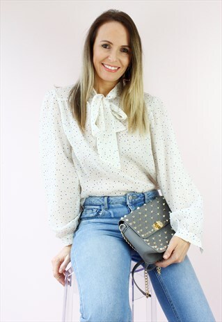 VINTAGE 80'S RETRO SPOTTED PUSSY BOW SHIRT BLOUSE