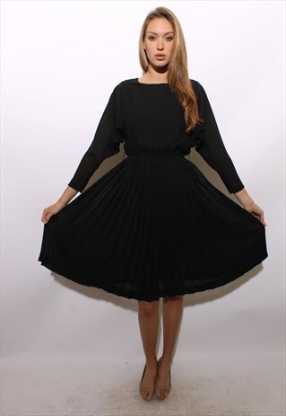 VINTAGE 1980'S 80'S NEIMAN BLACK PLEATED CHIFFON DRESS S-M