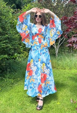 70's Vintage Wolf H. Busse Blue Floral Kimono Sleeve Dress