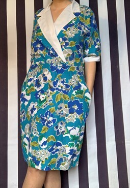 Vintage 80s blue floral shift summer midi dress, plus size