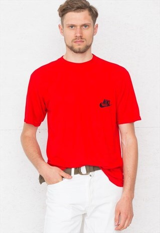 90S VINTAGE RED NIKE CREW NECK LOGO T-SHIRT