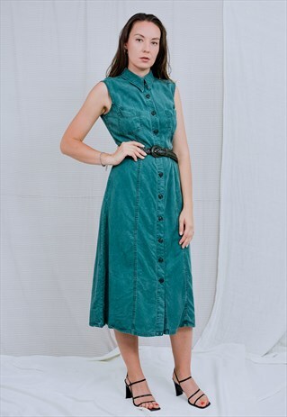 GREEN DENIM DRESS VINTAGE 90'S LIGHTWEIGHT SLEEVELESS L