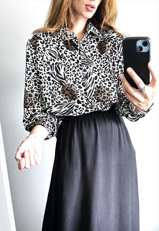 80S ANIMAL PRINT BUTTONED BLOUSE - LARGE 